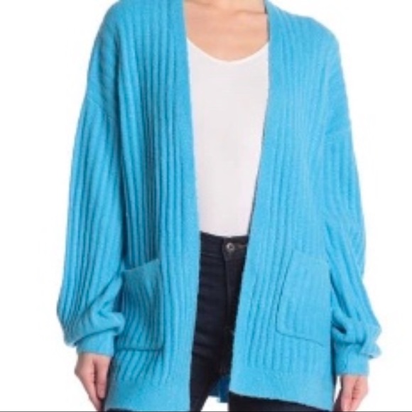 Woven Heart Balloon Sleeve Cardigan Turquoise Blue - Picture 2 of 3